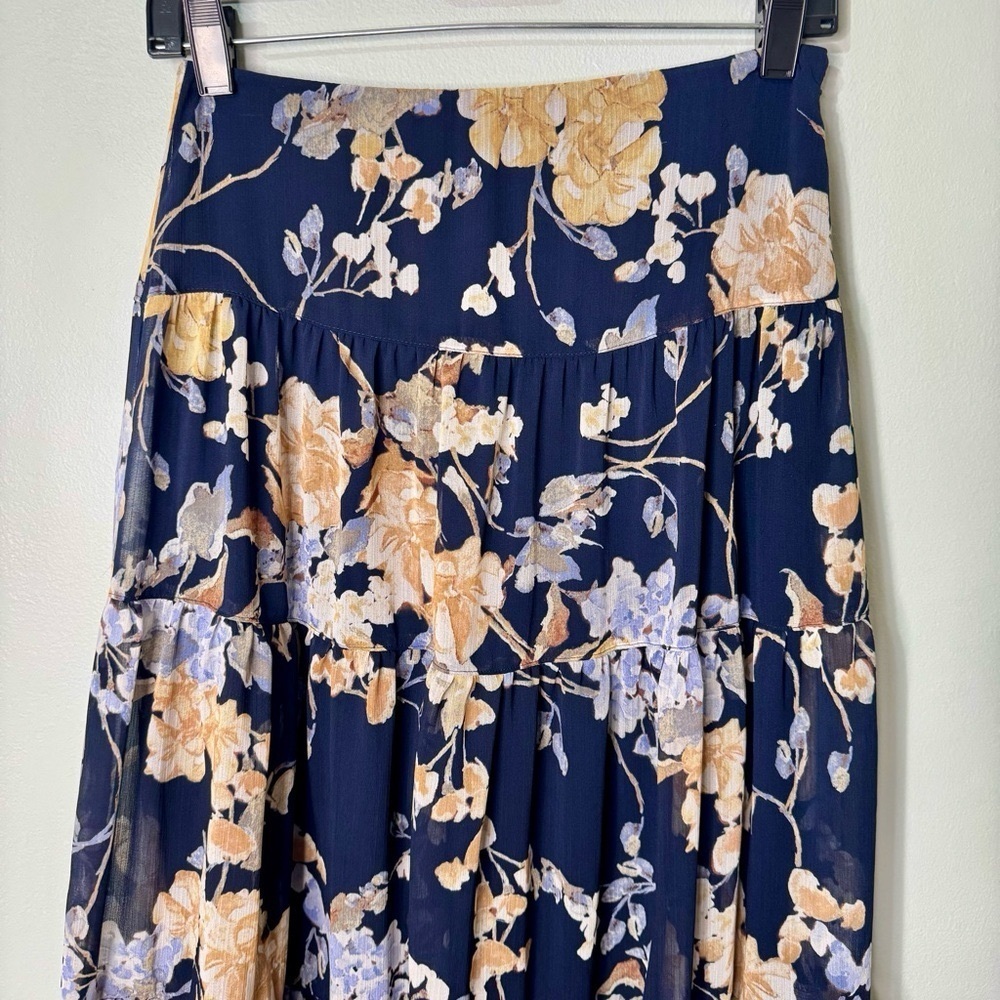 Ralph Lauren Floral Crinkle Georgette Tiered Maxi Midi Skirt Navy Cream Size 00 - Picture 7 of 16